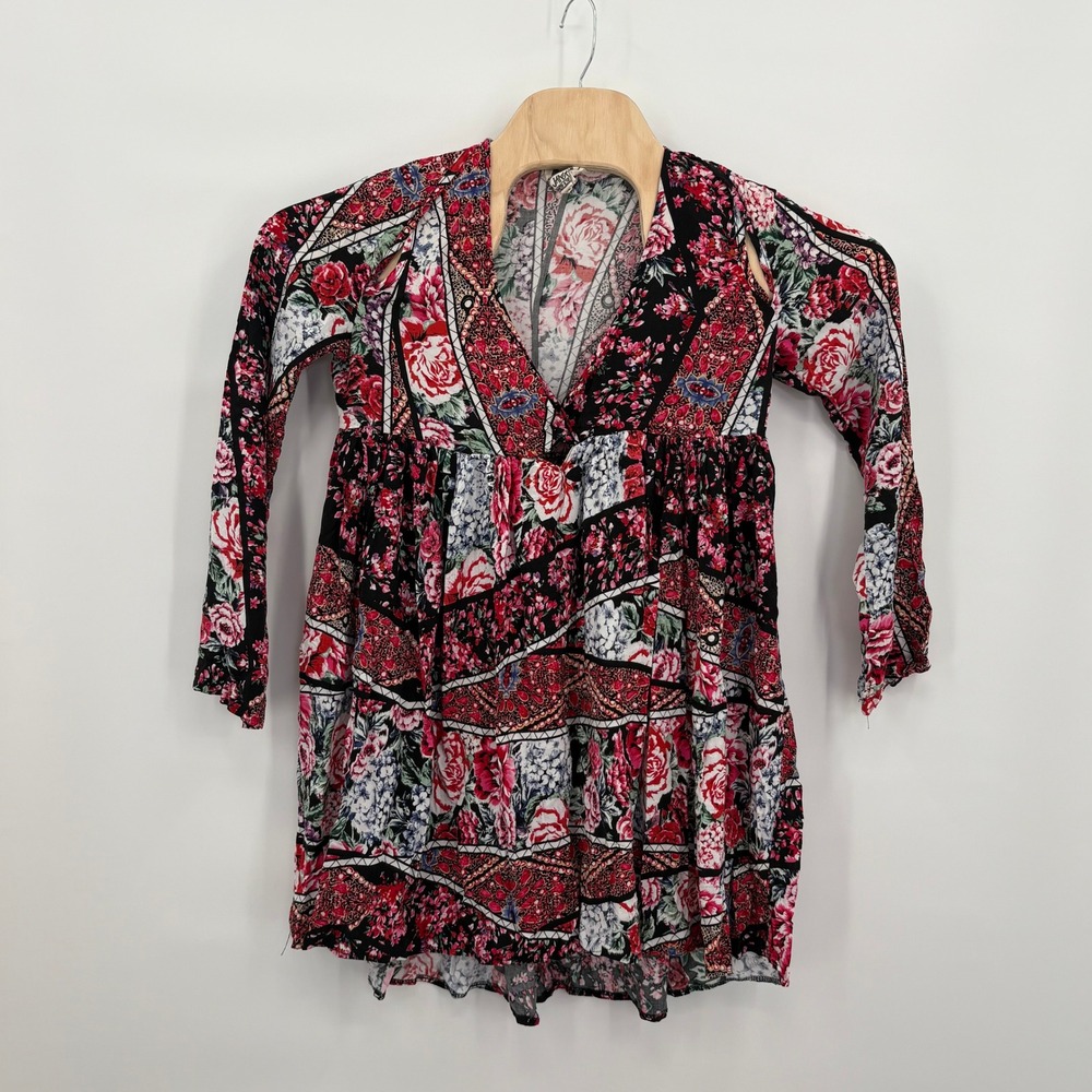 Jaase Anthopologie Womens Boho Patchwork Cold Shoulder Blouse‎ Red Black M